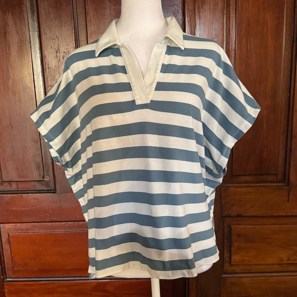 Madewell Tops - Madewell Relaxed Polo Tee Striped Blue and White Size XXL